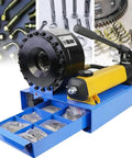 Hand Cranked Hydraulic Hose Crimper Heavy Duty Oil Pipe Shrink Press Forged Steel Jaw Magnetic Die Kit Conversion Chart detail view with storage.