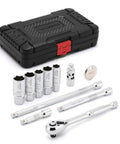 11 Piece Spark Plug Socket Set With 3/8 Inch Drive Ratchet, Universal Joint, And Extensions Including 5/8, 3/4, 13/16, 14mm, 18mm Sockets With Spark Plug Gap Tool In CR V Steel With Rubber Holder Ring, in case