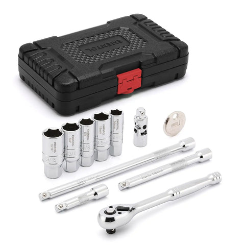 11 Piece Spark Plug Socket Set With 3/8 Inch Drive Ratchet, Universal Joint, And Extensions Including 5/8, 3/4, 13/16, 14mm, 18mm Sockets With Spark Plug Gap Tool In CR V Steel With Rubber Holder Ring, in case