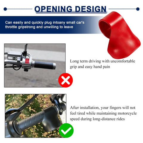 Road Ready Motorcycle Cruise Control Throttle Assist Lever Fits Seven Eight Inch Handles Universal No Sweat Roll Gear For Scooters And Electric Bikes Crafted From Hecka Sturdy Abs Plastic, red design, showing installation on motorcycle grip.