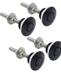 Universal 1.25 Inch Hood Pins Kit With Quick Release Lock Latch For Hood 304 Stainless Steel And Aluminum Alloy Bumper And License Plate Clip Push Button Design High Temp Scrape Resistant Slick Black Finish, showing four black pins with stainless steel bolts.