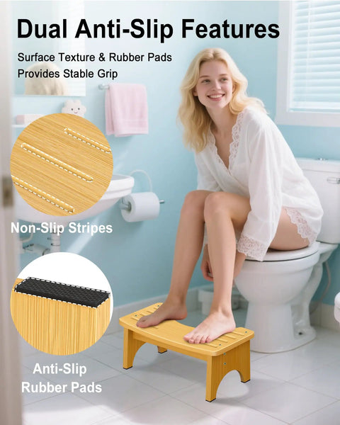 Eco Friendly Bamboo Toilet Stool Six Point Five Inch shown with dual anti slip features in use by woman in bathroom