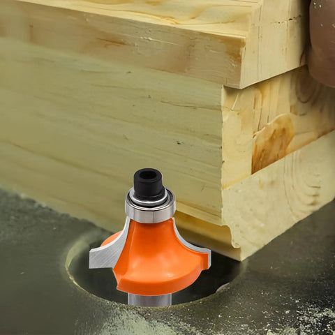 Close-up of a router bit from the 12-Piece Router Bit Set For Woodworking Projects with Durable Alloy Cutting Edges in use