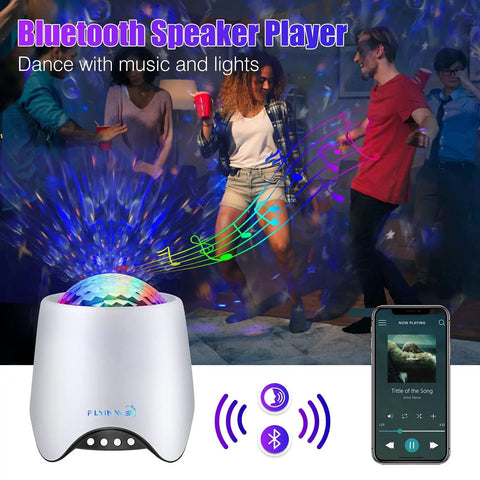 Star Projector Night Light For Bedroom With Galaxy Ocean Wave Effects, shown with Bluetooth music speaker feature.