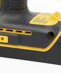 Close-up of a black and yellow Dewalt 20V tool battery, compatible with Tool Wrangler Garage Organizer For 20V Tools And Batteries 18 Piece Mount System With 10 Tool Holders And 8 Battery Holders Made In USA Screws Included Heavy Duty Wall Mounts For Workshop Garage RV