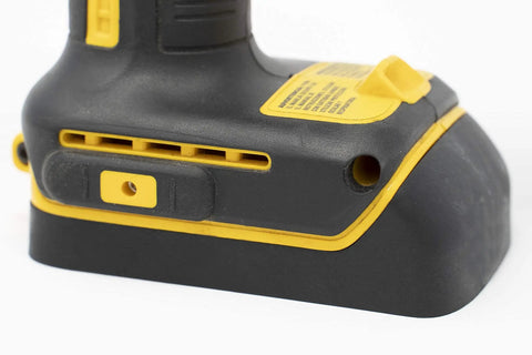 Close-up of a black and yellow Dewalt 20V tool battery, compatible with Tool Wrangler Garage Organizer For 20V Tools And Batteries 18 Piece Mount System With 10 Tool Holders And 8 Battery Holders Made In USA Screws Included Heavy Duty Wall Mounts For Workshop Garage RV