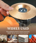 Close-up of 5 Piece Wood Carving Disc Set For 4 Inch Or 4.5 Inch Angle Grinders With Five Eighths Inch Arbor in use