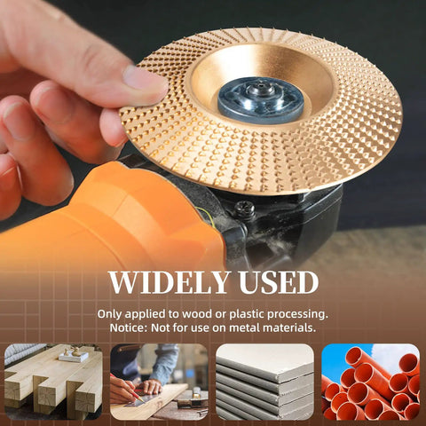 Close-up of 5 Piece Wood Carving Disc Set For 4 Inch Or 4.5 Inch Angle Grinders With Five Eighths Inch Arbor in use