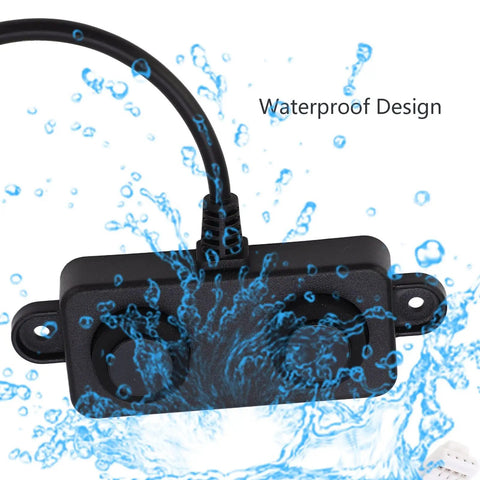 Boss Level Ultrasonic Distance Sensor for Robots, showing IP67 waterproof design with water splashes, UART controlled range detector.