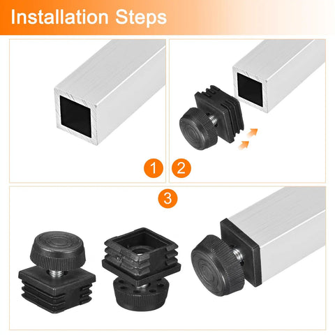 Installation steps for Eight Piece Adjustable Leveling Feet Inserts for 1.18 by 1.18 inch square tubes with M8 1.25mm thread