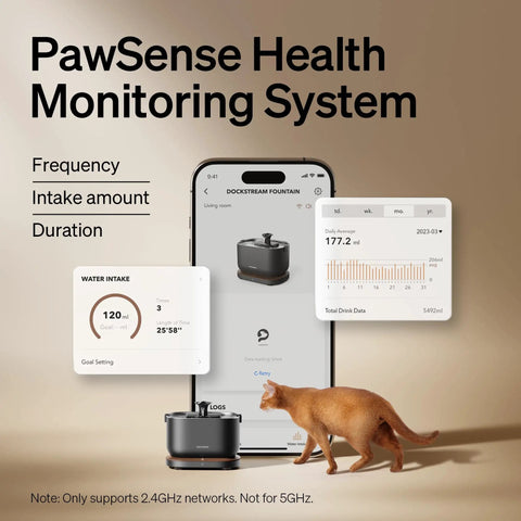 Smart Cat Water Fountain With App Monitoring And Stainless Steel Tray displayed with app hydration tracking screen and a cat.