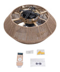 Rattan Ceiling Fan with Caged Flush Mount Low Profile for Bedroom Living, showcasing the woven shade and included remote control.