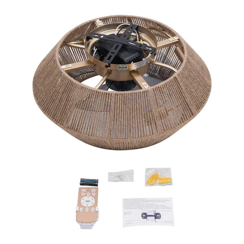 Rattan Ceiling Fan with Caged Flush Mount Low Profile for Bedroom Living, showcasing the woven shade and included remote control.