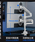Heavy Duty Monitor Arm Mount With Desk Clamp No Drill Setup Quick Release Design Smooth Height Adjustments Solid Steel Build shown holding dual monitors.