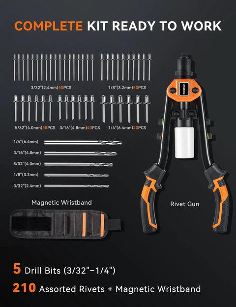Pro Rivet Gun Kit With Drill Bits And Magnetic Wristband Heavy Duty Two Handed Riveter For Metal Gutters Auto Work Includes 210 Assorted Rivets And Mandrel Catcher
