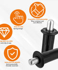 Two spring-loaded iron cabinet pins with black sleeves, highlighted features and benefits in the background.