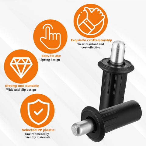 Two spring-loaded iron cabinet pins with black sleeves, highlighted features and benefits in the background.