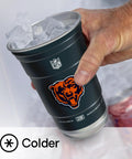 Rep Your Team With Officially Licensed Nfl Chicago Bears Aluminum Party Cups 20 Ounce Pack Of 20 Reusable Drink Vessels For Game Day Tailgating And Ice Cold Sips with ice in hand.