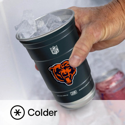 Rep Your Team With Officially Licensed Nfl Chicago Bears Aluminum Party Cups 20 Ounce Pack Of 20 Reusable Drink Vessels For Game Day Tailgating And Ice Cold Sips with ice in hand.