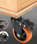 Industrial Grade 4 Inch Caster Wheels With Threaded Stem Swivel Brakes illustrated under a wooden cart, showcasing locking feature.