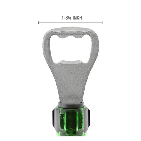 Top view of Screwdriver Style Bottle Opener With Durable Acetate Handle showing metal opener head and green handle, 1-3/4 inch width.