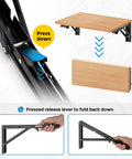 Super Sturdy Matte Black Folding Shelf Brackets To Clear Your Clutter Fast These Compact Fold Down Wall Mount Supports Rock In Tight Spots Perfect For Garages Shops Or Kitchens Zero Sweat Two Pack with press down lever and wood shelf.