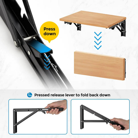 Super Sturdy Matte Black Folding Shelf Brackets To Clear Your Clutter Fast These Compact Fold Down Wall Mount Supports Rock In Tight Spots Perfect For Garages Shops Or Kitchens Zero Sweat Two Pack with press down lever and wood shelf.