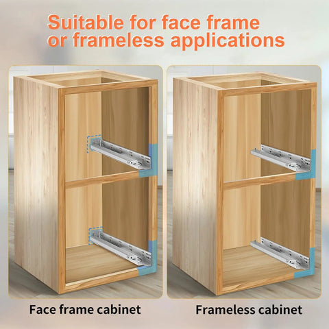 4 Pair 15 Inch Undermount Soft Close Drawer Slides With Full Extension Concealed Bottom Mount Built Heavy Duty displayed in face frame and frameless cabinet.
