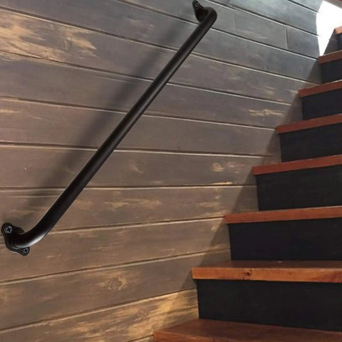 36 Inch Black Metal Stairs Railing Indoor Outdoor Heavy Duty Industrial Pipe Handrail Wall Mount Stair Rail on wooden stairs