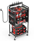 Power Tool Organizer Cart With 8 Outlet 3 USB Charging Station On Wheels, Heavy Duty Rolling Tool Storage Cart For Drills Batteries And Tools, 10 Ft Power Strip, Black, with tools and chargers