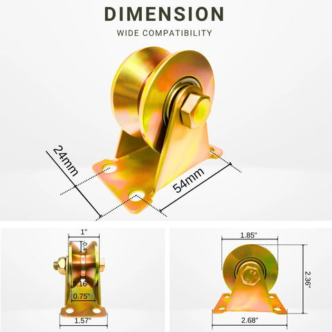 Heavy Duty V Groove Wheels For Sliding Gates Weld On Steel Rollers With Bracket Zinc Coated Track Pulleys 2 Inch Gate Casters built like a tank with measurements shown.