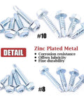 Zinc Plated Hex Washer Head Self Drilling Sheet Metal Screws Assortment Kit with sizes #8 and #10 shown, highlighting resistance and durability