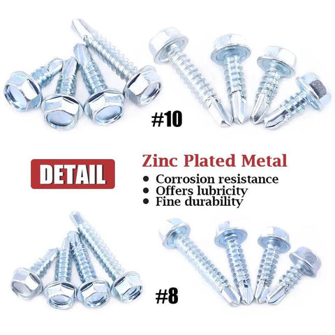 Zinc Plated Hex Washer Head Self Drilling Sheet Metal Screws Assortment Kit with sizes #8 and #10 shown, highlighting resistance and durability