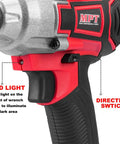 Cordless 21V Half Inch Brushless Impact Wrench With 3.0Ah Battery And Fast Charger, closeup with LED light and switch