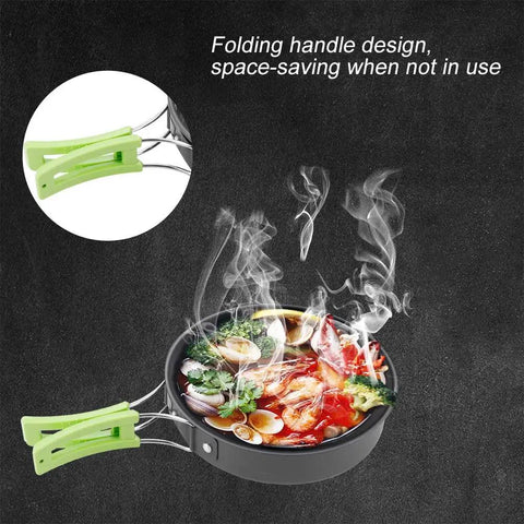 8 Piece Portable Camping Cookware Set for Outdoor On The Go Cooking Lightweight Aluminum Pots Pans and Bowls with Foldable Handles