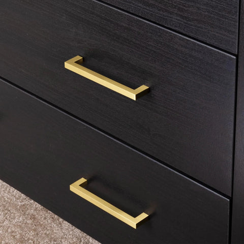 Brushed matte gold square drawer handles on black furniture, 5 Pack Solid Brass Cabinet Pulls With Six And A Quarter Inch Hole Centers