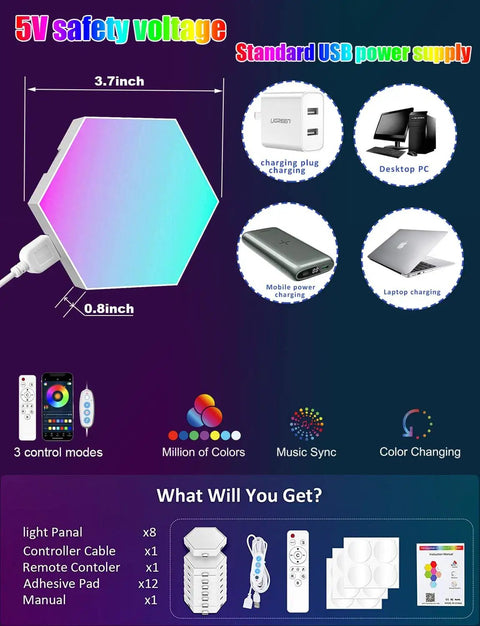 Hexagon LED Light Panels 8 Pack With App Control And Remote RGB wall lights USB powered with color changing features for decor