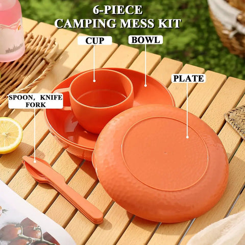 Lightweight Six Piece Camping Mess Kit With Nesting Bowl Plate Cup Spoon Fork Knife And Carry Bag For Easy Outdoor Meals On The Go