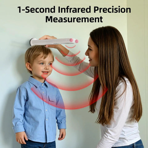Cordless Infrared Stadiometer For Kids, 1-Second Height Measurement With No-Fuss One-Button Quick Read, Portable Digital Height Gauge, Type-C Rechargeable, Accurate 0.04 Inch Margin, Growth Tracking Tool used on child against wall