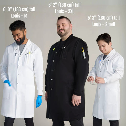 Three men wearing Mens Science Lab Coat White 100 Percent Cotton Long Fit With Snap Closures Cuffs Howie Collar For Chem Nerds