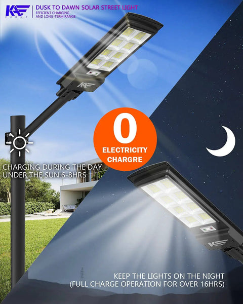 Ultra Bright 350000LM Solar Street Lights With 384 LEDs 1500W Dusk To Dawn Motion Sensor Flood Lights shown charging and lit at night