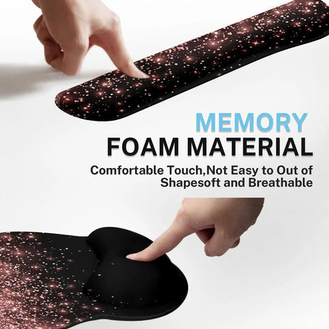 Memory foam material of Rose Gold Pink 4-In-1 Keyboard And Mouse Pad Set With Large Desk Mat, Keyboard Wrist Rest, Mouse Wrist Rest, And Cup Coaster.