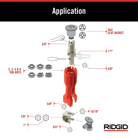 Diagram of the No Fuss Under Sink Faucet Install And Removal Wrench With 6 Sided Cube Insert showing application with various nut sizes.