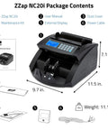 Pro Level Single Denomination Bill Counter Machine With Smart Counterfeit Detector and Lightning Fast Infrared Sensors for Smooth Everyday Cash Value Processing, showing package contents.