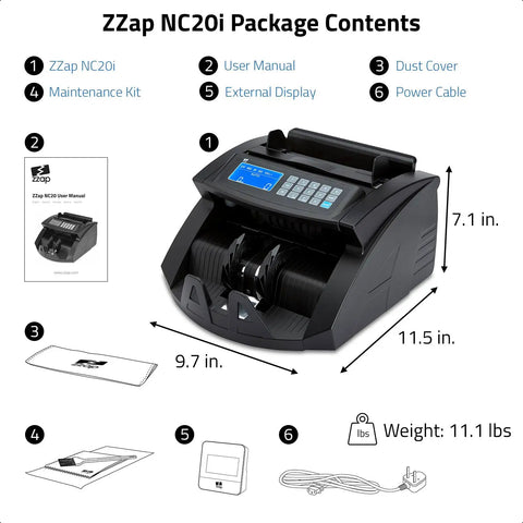 Pro Level Single Denomination Bill Counter Machine With Smart Counterfeit Detector and Lightning Fast Infrared Sensors for Smooth Everyday Cash Value Processing, showing package contents.
