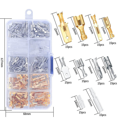 150 Piece Quick Splice Spade Connectors Kit With Insulated Nylon Sleeves For Two Point Eight Four Point Eight And Six Point Three Millimeter Male And Female Crimp Terminals For Car Audio Wiring, showing compartments with assorted sizes and materials.