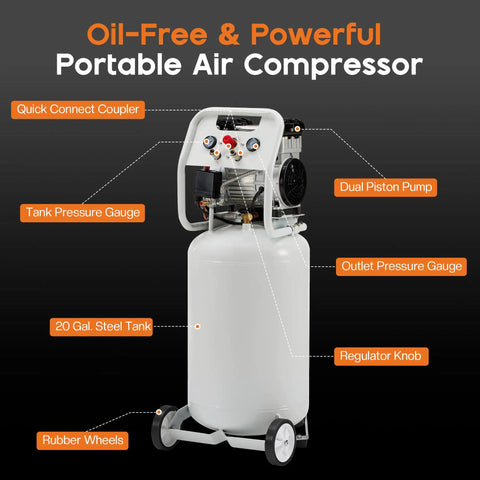 Albott 20 Gallon Electric Air Compressor With 18Hp Oil-Free Vertical Tank, Wheeled Portable Design For Tires And Tools, 120 Psi Max Pressure Stable Output Durable Steel Build Lightweight