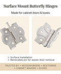 Top Shelf Polished Nickel Butterfly Hinges With Removable Pin Pack Of Two for cabinet doors, showcasing surface mount design.