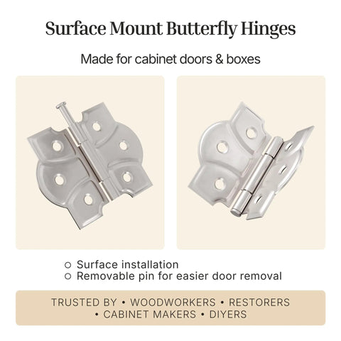 Top Shelf Polished Nickel Butterfly Hinges With Removable Pin Pack Of Two for cabinet doors, showcasing surface mount design.