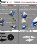 Comparison of TS90MD Digital Servo with metal gears and SG90 Analog Servo with plastic gears, highlighting differences and accessories.